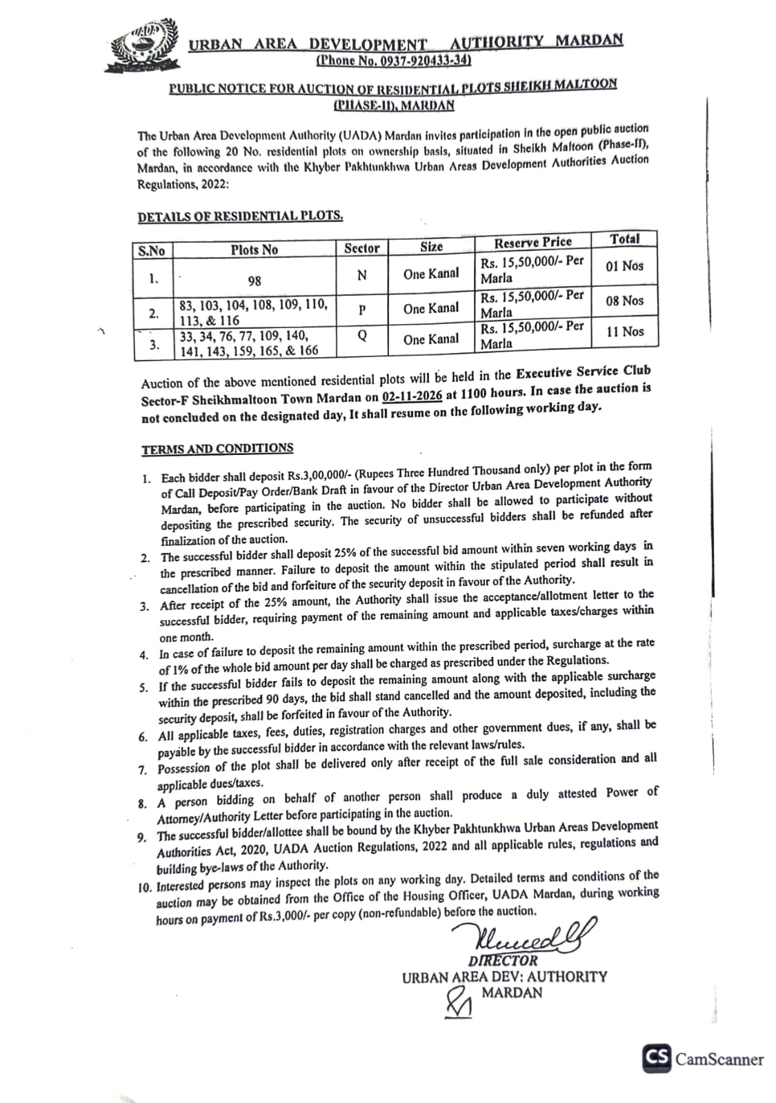 AUCTION OF  RESIDENTTIAL PLOTS IN PHASE-II SHEIKHMALTOON TOWN  MARDAN